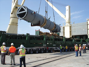 A process vessel bound for the Dynamic Fuels plant is unloaded from a ship.