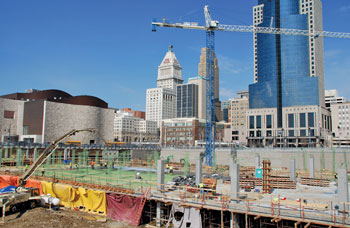 The Banks, an $800-million mixed-use project on Cincinnati's central riverfront, is under construction. The project will include some 2.8 million sq. ft. (260,120 sq. m.) of new space, including up to 1 million sq. ft. (92,900 sq. m.) of office space, up to 1,800 housing units, up to 200 hotel rooms, up to 300,000 sq. ft. (27,870 sq. m.) of retail space,and a 45-acre (18-hectare) park.