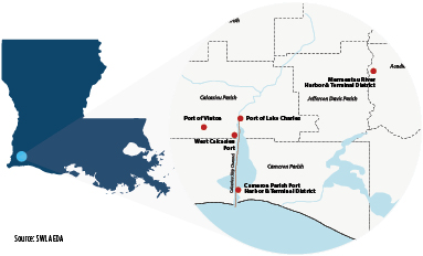 Cheniere Sabine Pass LNG is one of the largest ongoing capital investments in the country. Valued at $20 billion, this plant in Cameron Parish is expected to add significantly to the region’s export of LNG. Photo courtesy of Cameron Parish Port