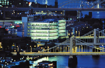 Alcoa's Corporate Center on the North Shore riverfront, built in 1998, used many design elements that are now standard practice in green building.<br data-eio=