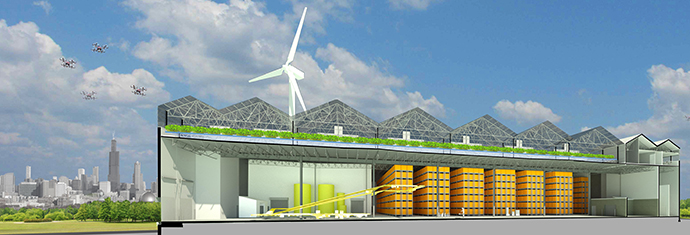 Repurposed warehouses become factories of the future producing on-demand goods.