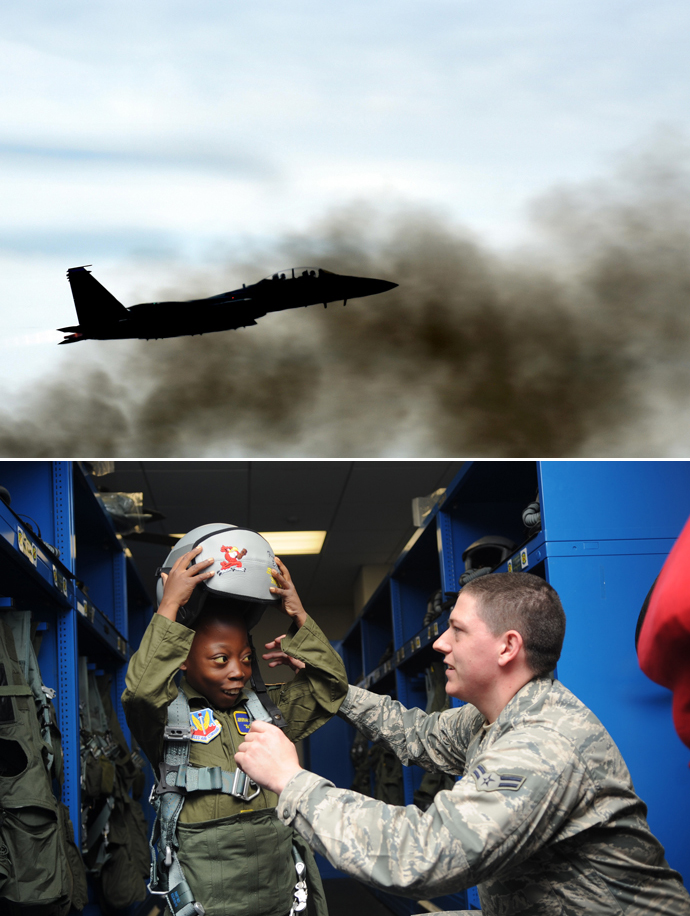 Seymour Air Force Base, plane and soldier with a child