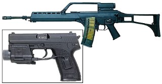 USP 40 Compact Pistol (bottom left), G36 assault rifle (top)